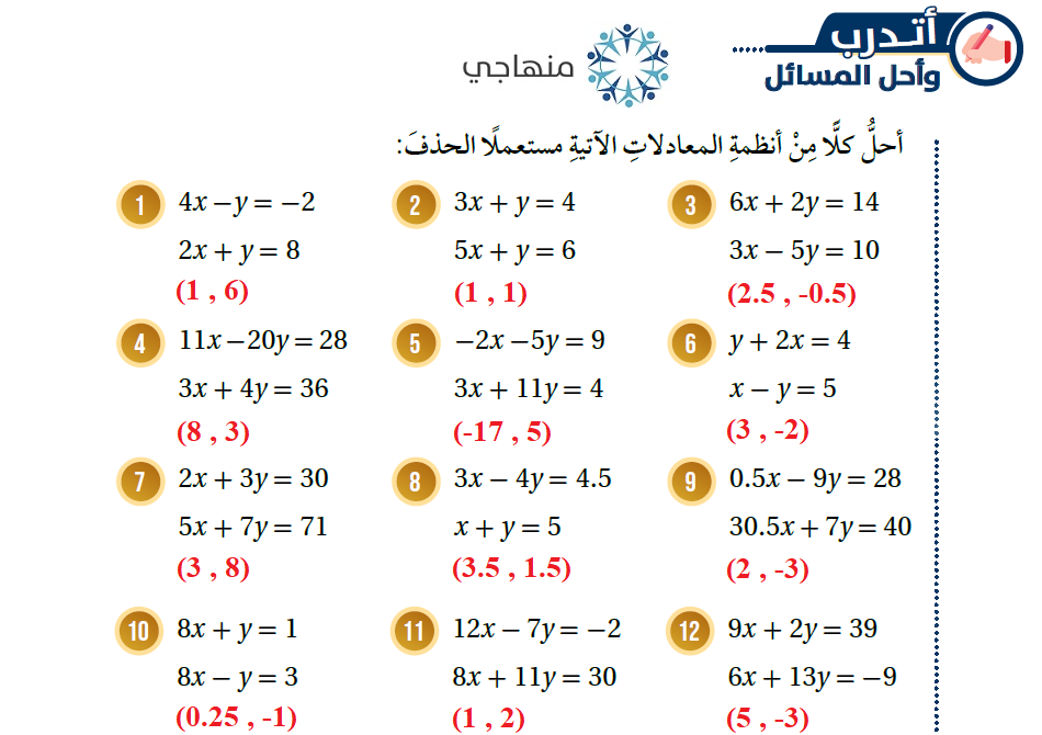 حل نظام معادلتين خطيتين بالحذف